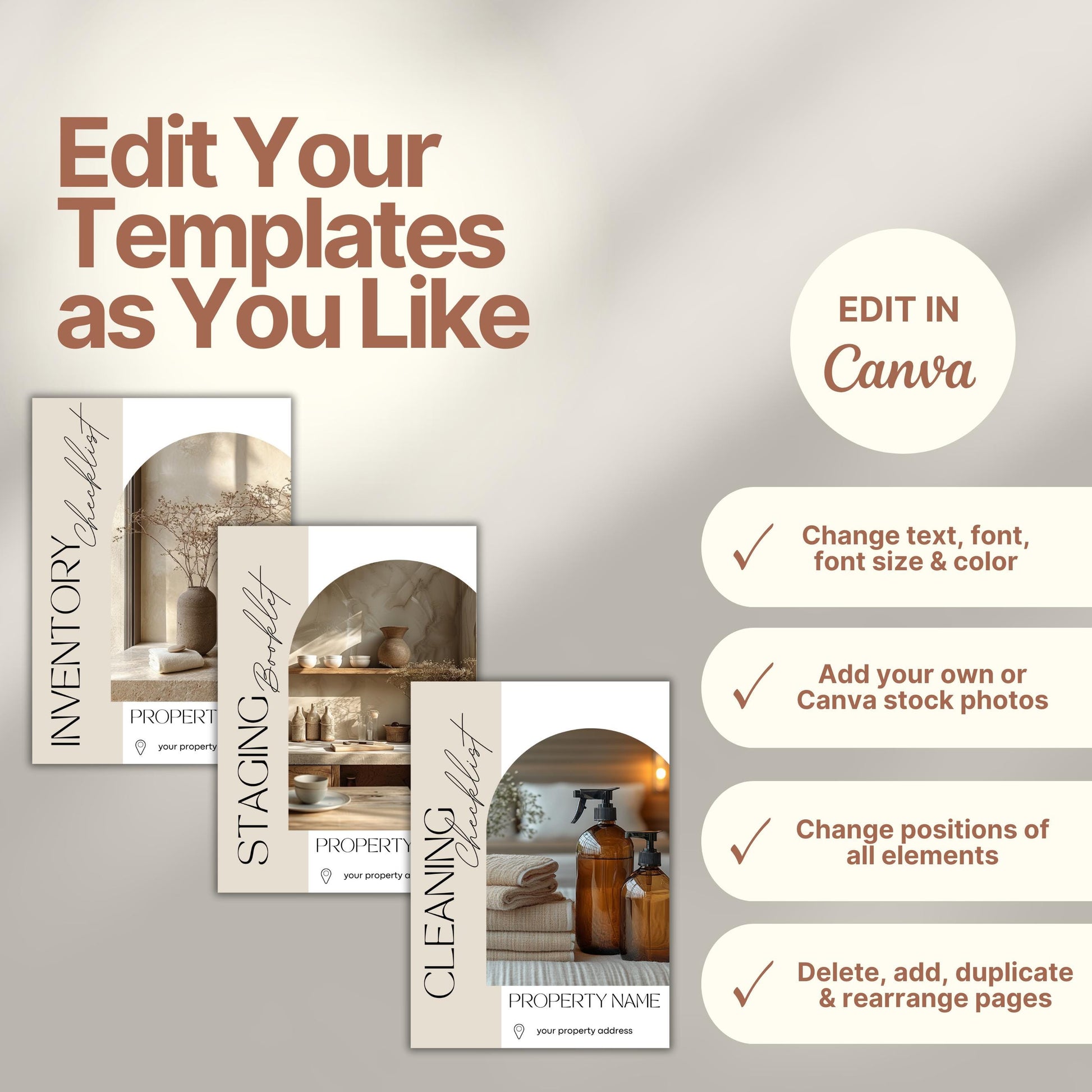 A promotional graphic showcases customizable Airbnb host templates editable in Canva. The headline at the top left reads, “Edit Your Templates as You Like,” with the Canva logo to the right in a cream circle labeled “EDIT IN Canva.”