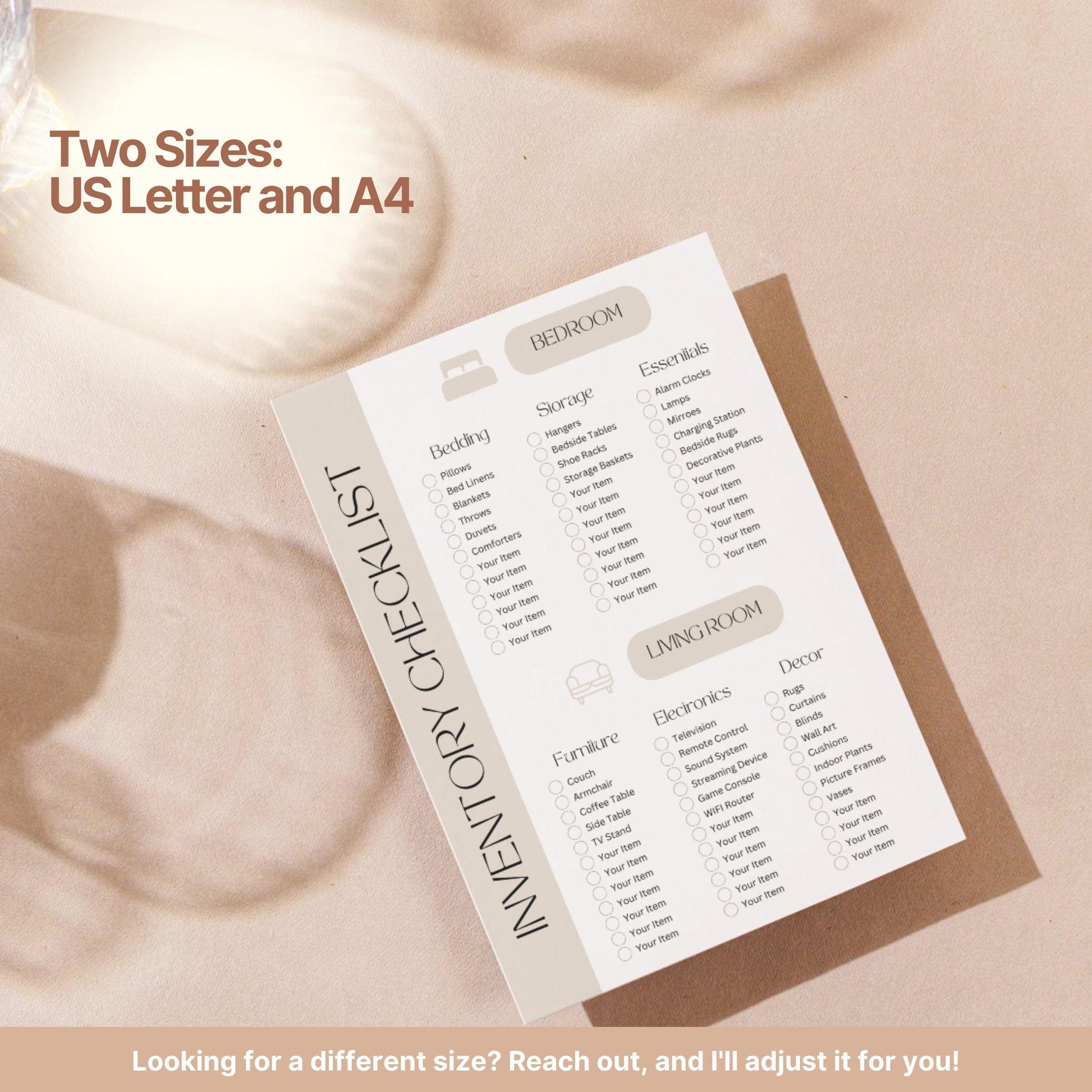 A printed “Inventory Checklist” is displayed on a light pink fabric surface with soft shadows from glassware. The checklist is designed in neutral tones and organized into two main sections: “Bedroom” and “Living Room.”