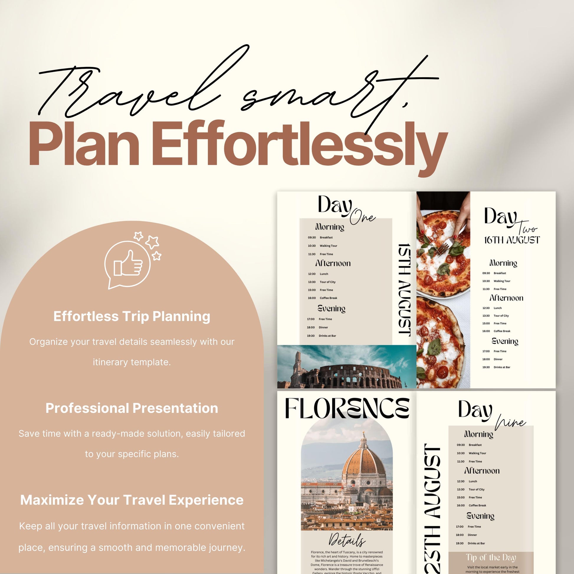 A promotional image for a travel itinerary template titled “Travel smart. Plan Effortlessly.” On the left, a rounded panel highlights benefits of the product including: "Effortless Trip Planning," "Professional Presentation," and "Maximize Your Travel Experience."