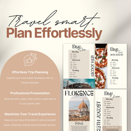 A promotional image for a travel itinerary template titled “Travel smart. Plan Effortlessly.” On the left, a rounded panel highlights benefits of the product including: "Effortless Trip Planning," "Professional Presentation," and "Maximize Your Travel Experience."