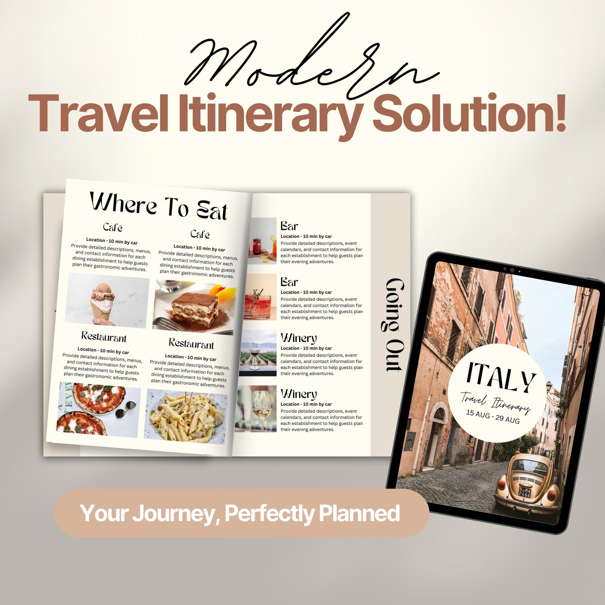 A promotional image titled “Modern Travel Itinerary Solution!” featuring a travel itinerary. 