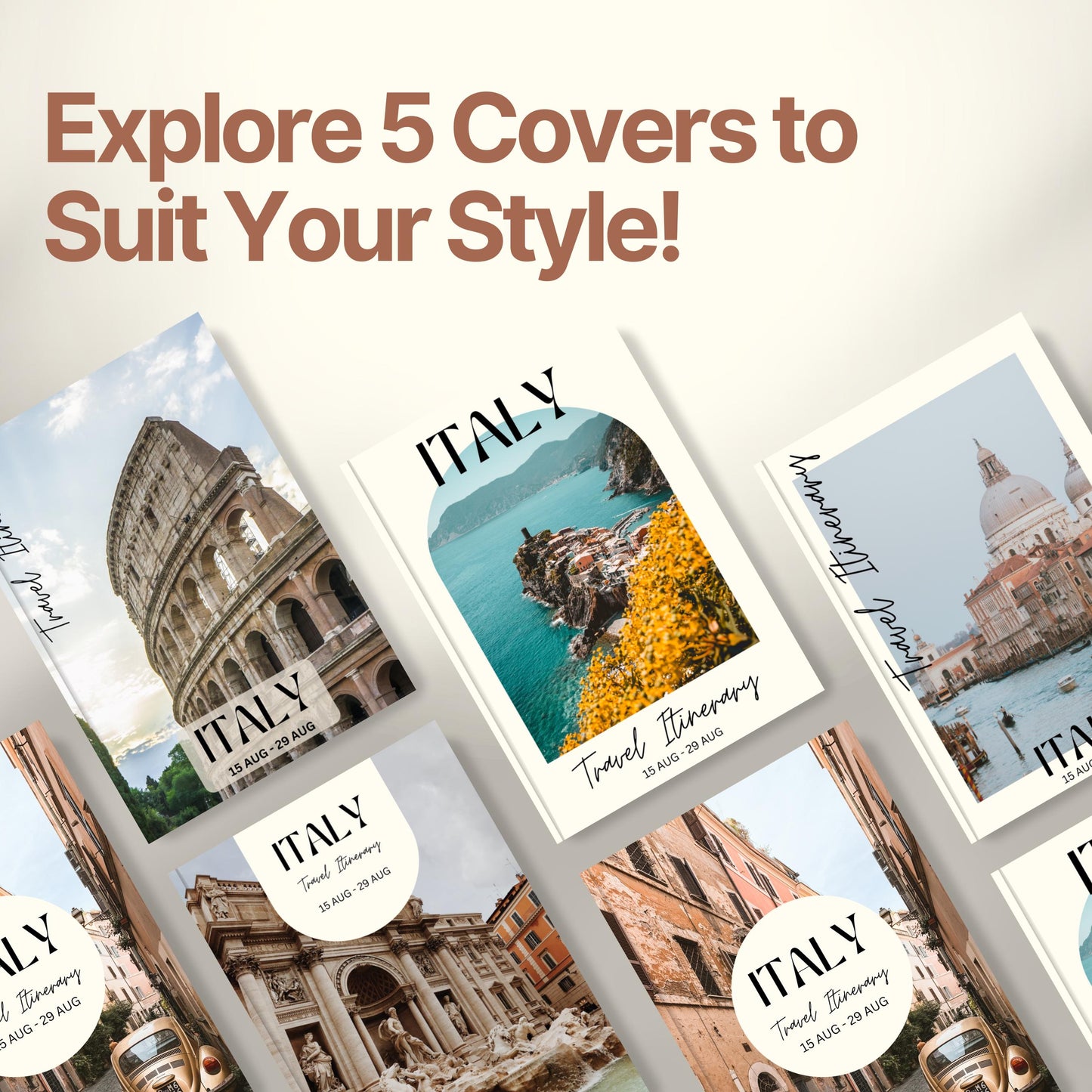 A promotional graphic titled “Explore 5 Covers to Suit Your Style!” showcasing five different travel itinerary cover designs.