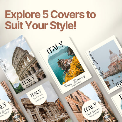 A promotional graphic titled “Explore 5 Covers to Suit Your Style!” showcasing five different travel itinerary cover designs.