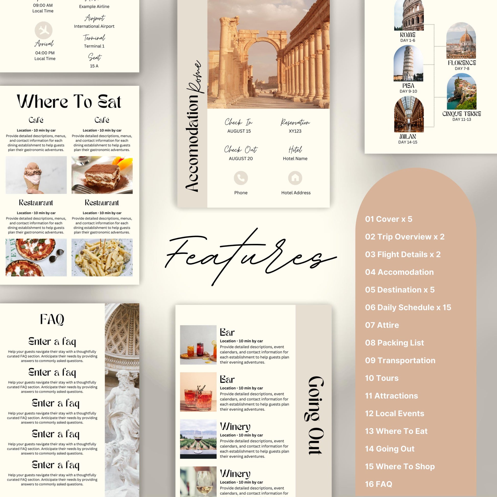 Travel itinerary template with features like daily schedule, accommodation and transportation details, packing checklist.