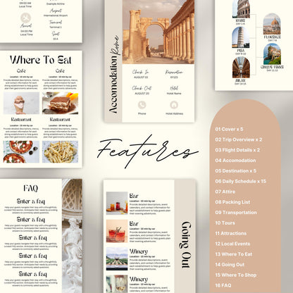 Travel itinerary template with features like daily schedule, accommodation and transportation details, packing checklist.