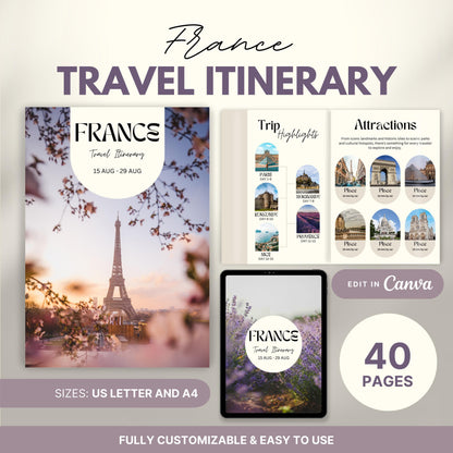 Promotional image for a customizable  Travel Itinerary template. Text highlights features such as US Letter and A4 sizes, full editability in Canva, and ease of use.