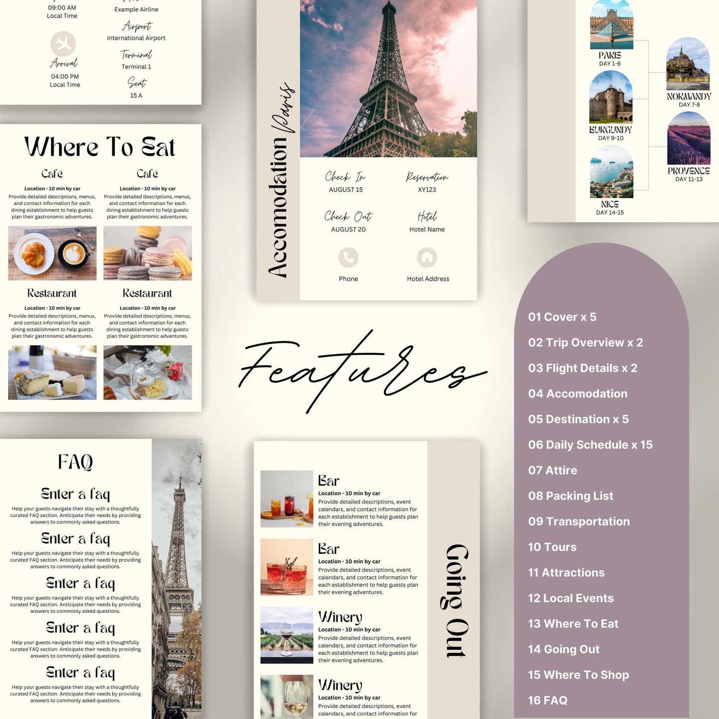 Travel itinerary template with features like daily schedule, accommodation and transportation details, packing checklist.
