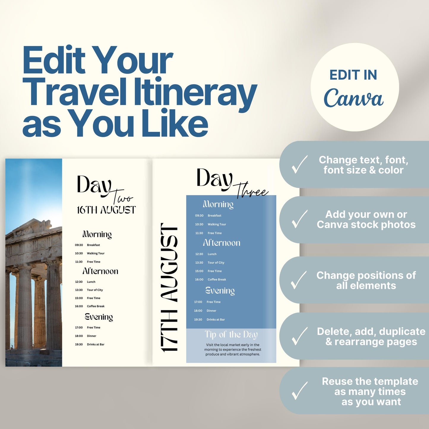 A promotional graphic for a customizable travel itinerary template. On the right, a checklist highlights editable features: change text, font, and colors; add personal or stock photos; rearrange elements; duplicate pages; and reuse the template multiple times. A Canva logo indicates editing is done in Canva.
