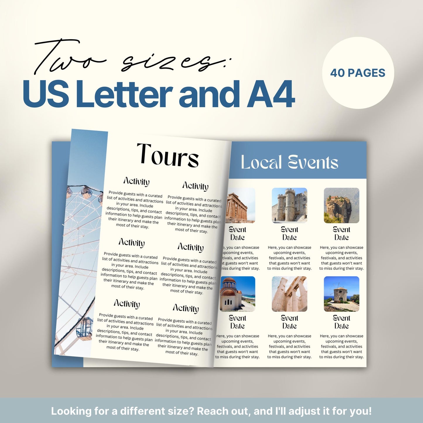 Travel itinerary template displayed in two formats: US Letter and A4 sizes, featuring organized trip details, minimalist design, and printable layout for easy planning.