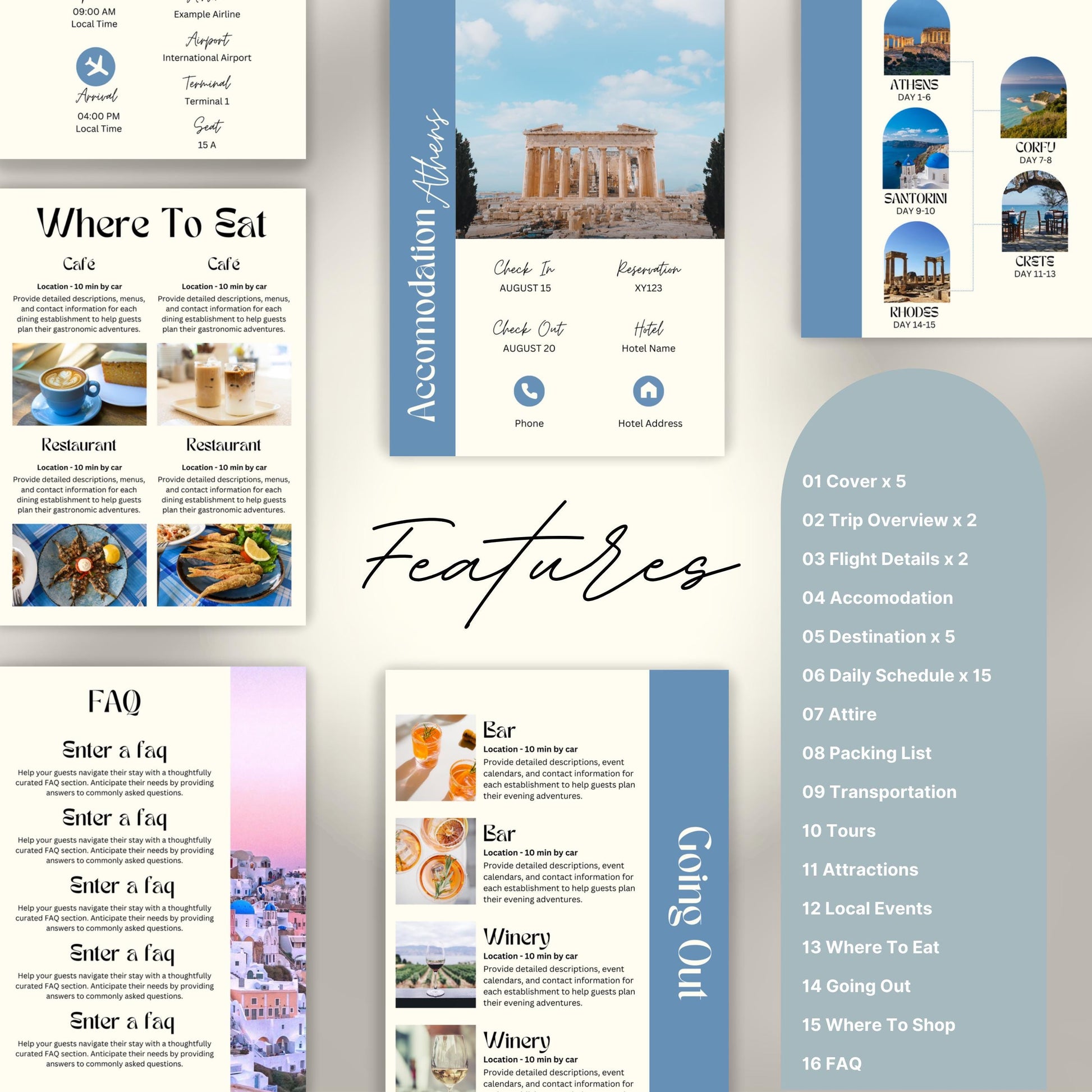 Travel itinerary template with features like daily schedule, accommodation and transportation details, packing checklist.