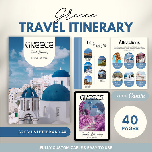 Promotional image for a customizable  Travel Itinerary template. Text highlights features such as US Letter and A4 sizes, full editability in Canva, and ease of use.