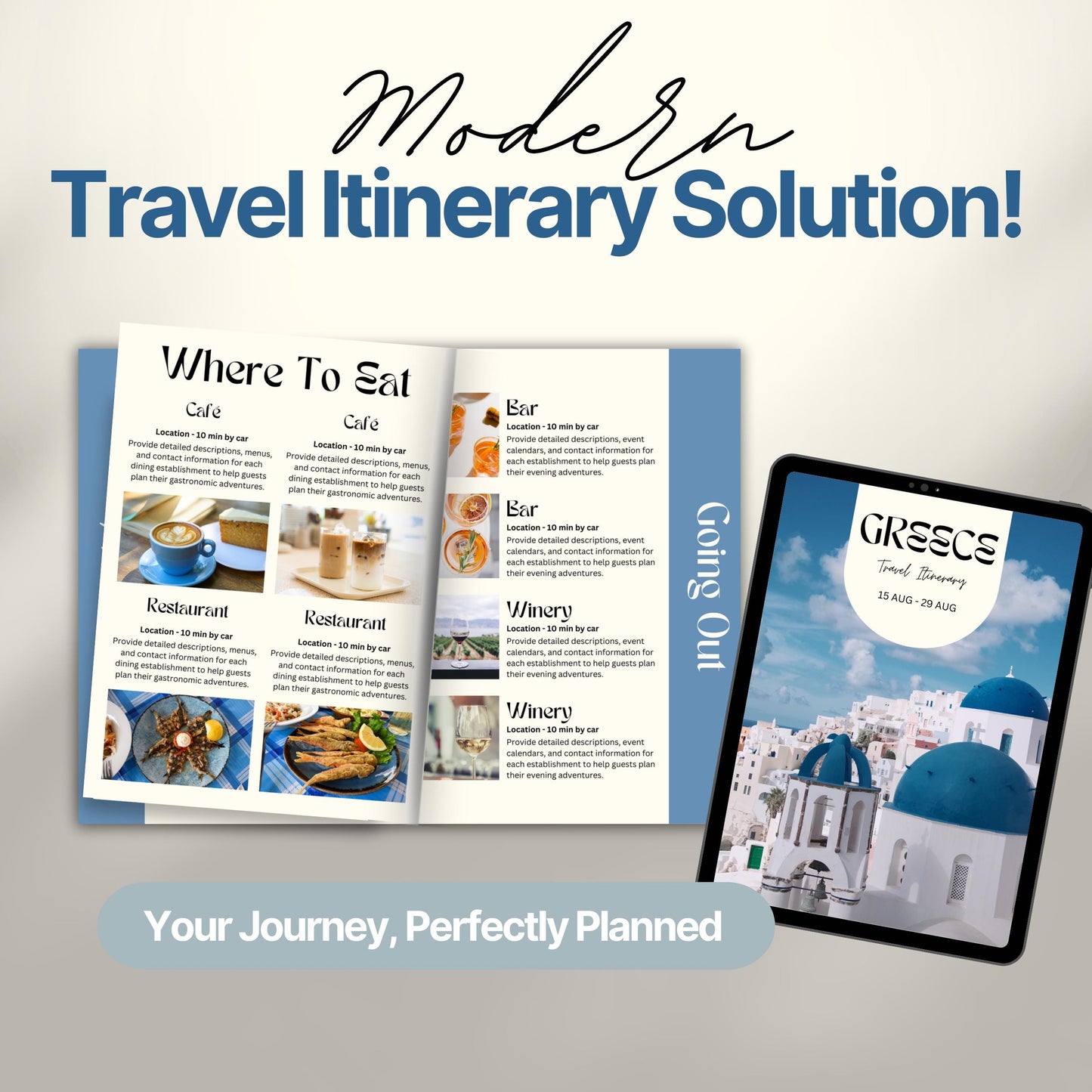 A promotional image titled “Modern Travel Itinerary Solution!” featuring a travel itinerary. 