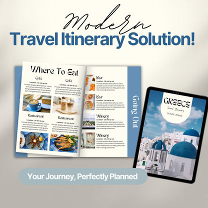 A promotional image titled “Modern Travel Itinerary Solution!” featuring a travel itinerary. 