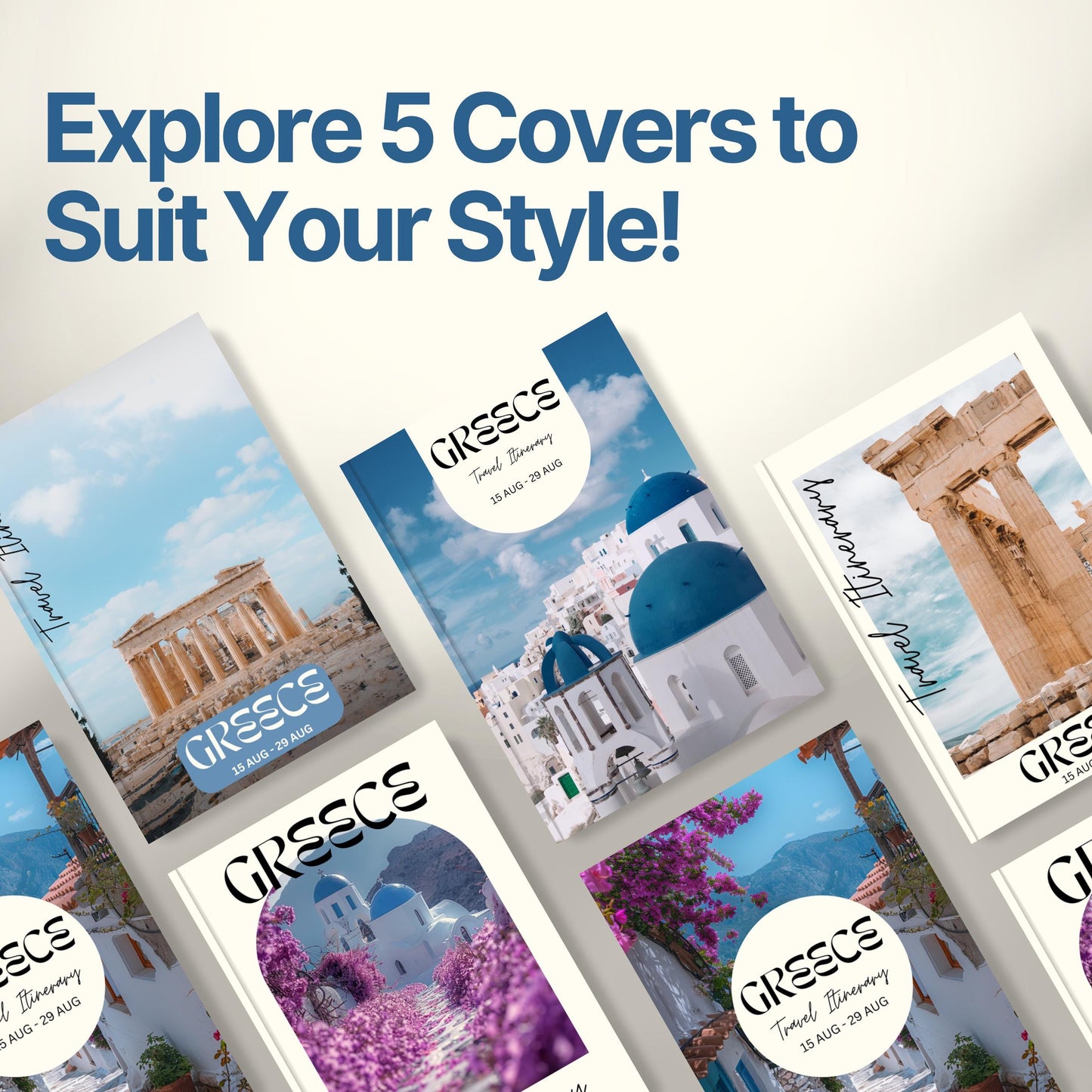 A promotional graphic titled “Explore 5 Covers to Suit Your Style!” showcasing five different travel itinerary cover designs.