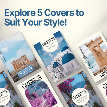 A promotional graphic titled “Explore 5 Covers to Suit Your Style!” showcasing five different travel itinerary cover designs.