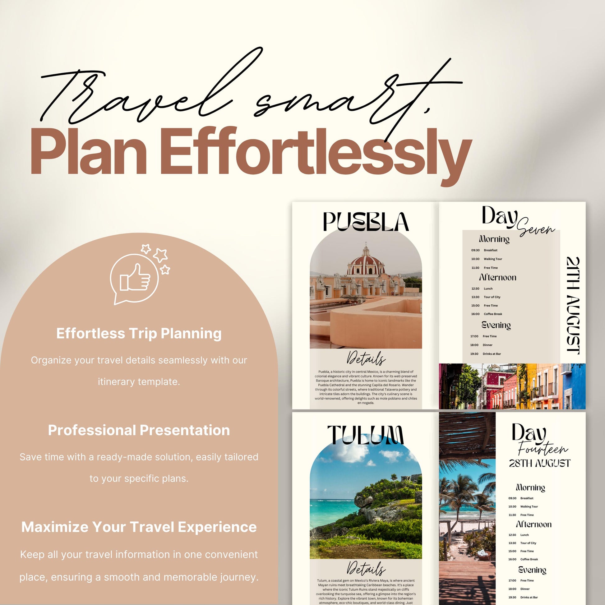 A promotional image for a travel itinerary template titled “Travel smart. Plan Effortlessly.” On the left, a rounded panel highlights benefits of the product including: "Effortless Trip Planning," "Professional Presentation," and "Maximize Your Travel Experience."