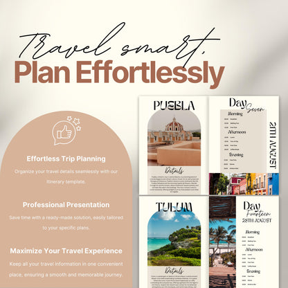 A promotional image for a travel itinerary template titled “Travel smart. Plan Effortlessly.” On the left, a rounded panel highlights benefits of the product including: "Effortless Trip Planning," "Professional Presentation," and "Maximize Your Travel Experience."