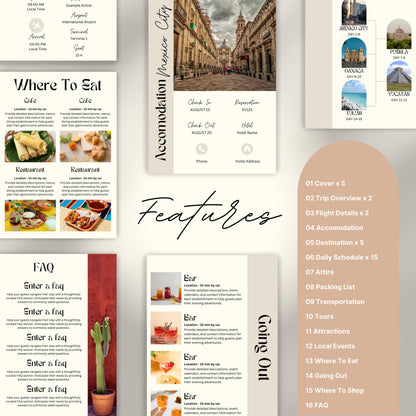 Travel itinerary template with features like daily schedule, accommodation and transportation details, packing checklist.