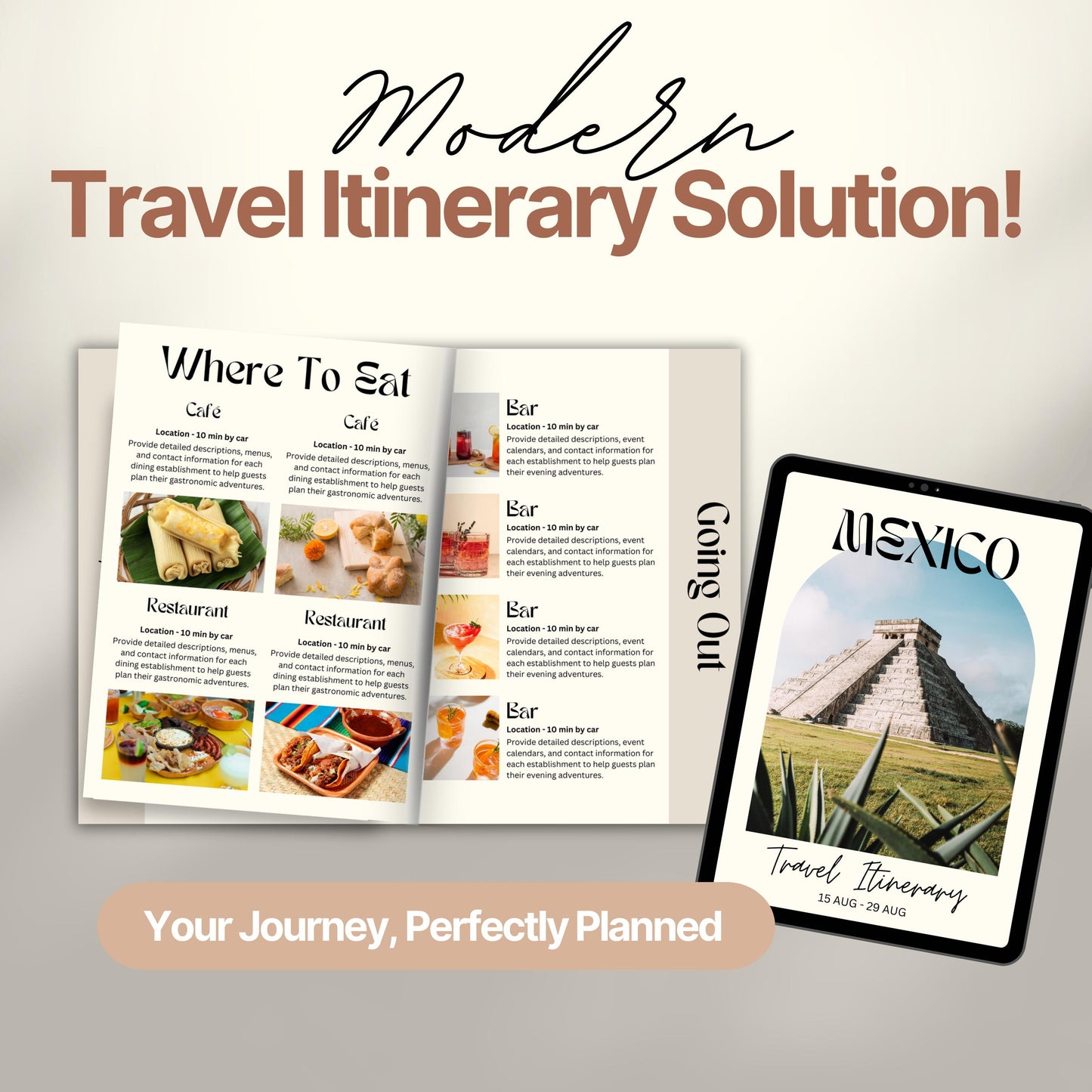 A promotional image titled “Modern Travel Itinerary Solution!” featuring a travel itinerary. 