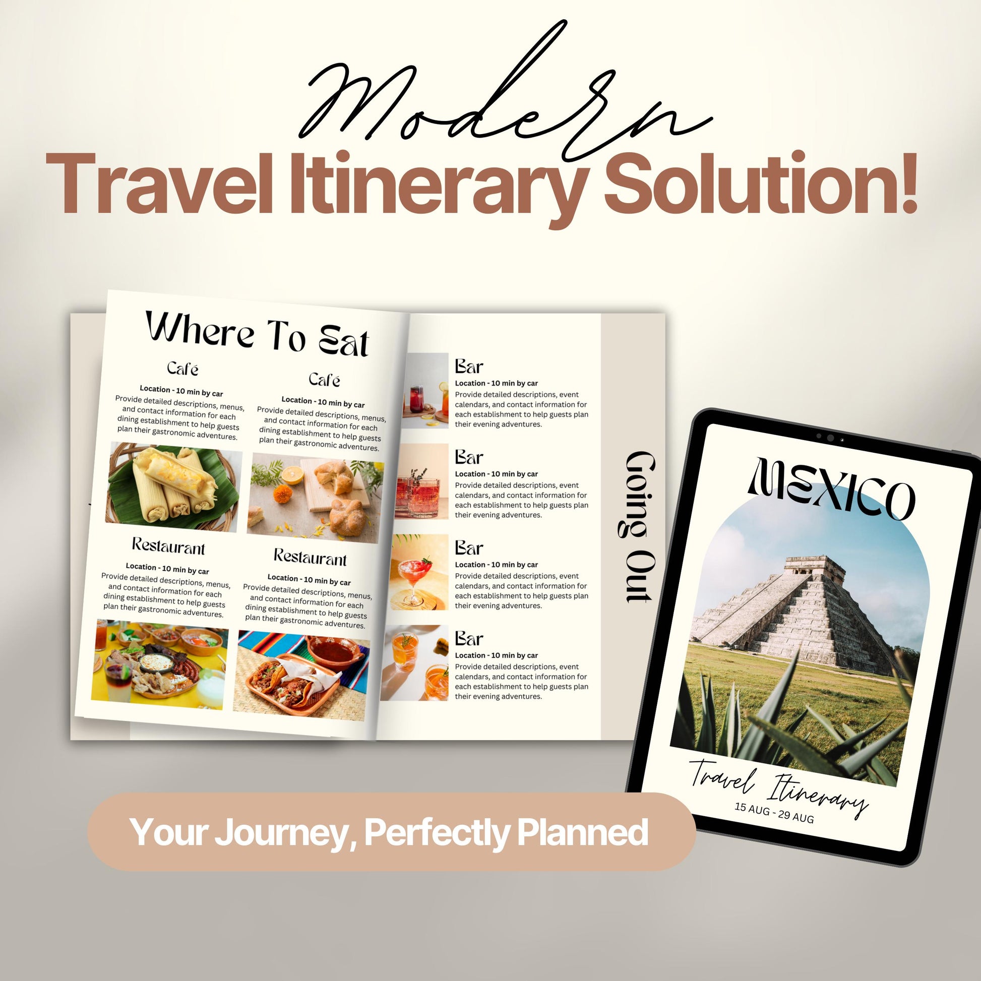 A promotional image titled “Modern Travel Itinerary Solution!” featuring a travel itinerary. 