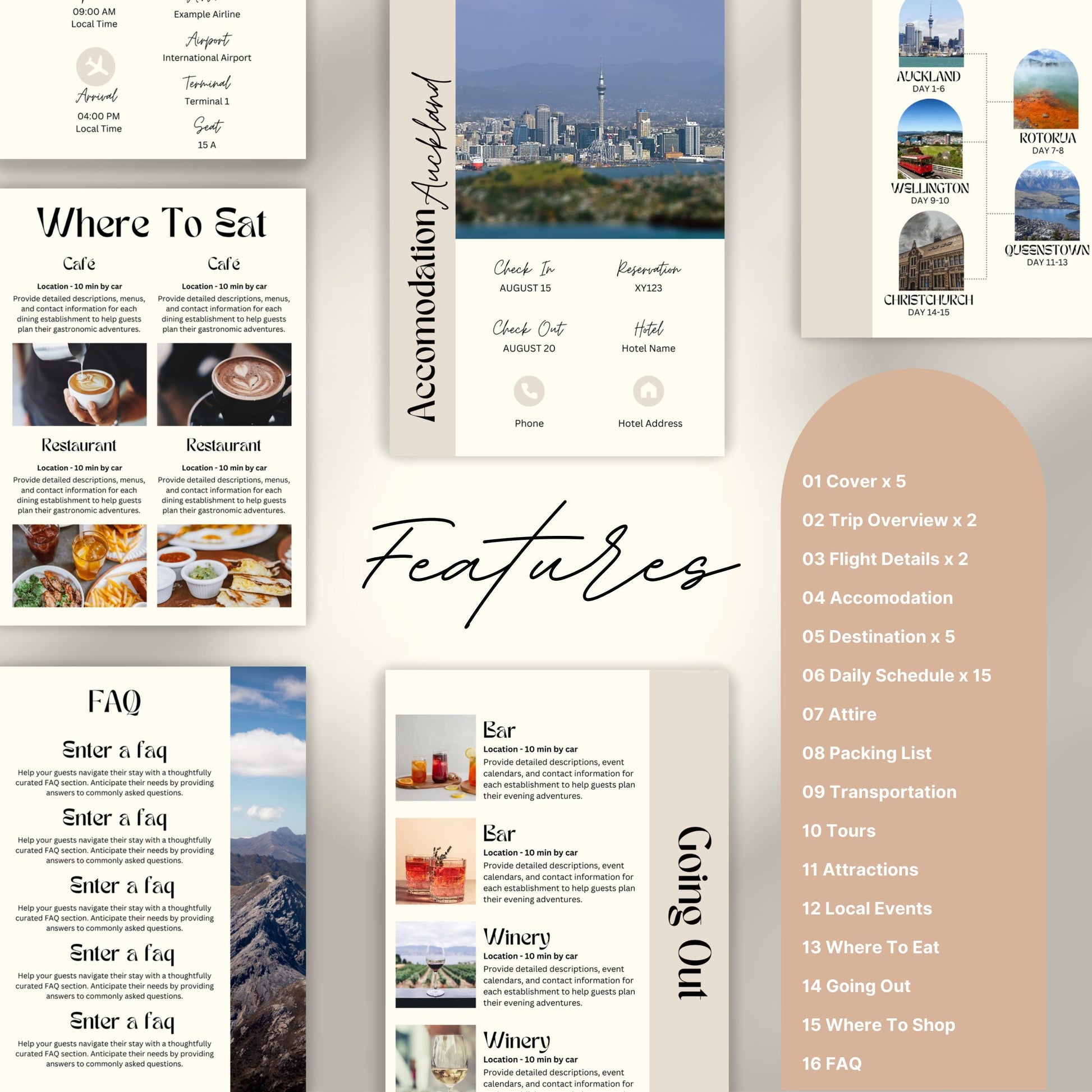 Travel itinerary template with features like daily schedule, accommodation and transportation details, packing checklist.