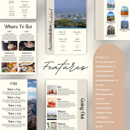 Travel itinerary template with features like daily schedule, accommodation and transportation details, packing checklist.