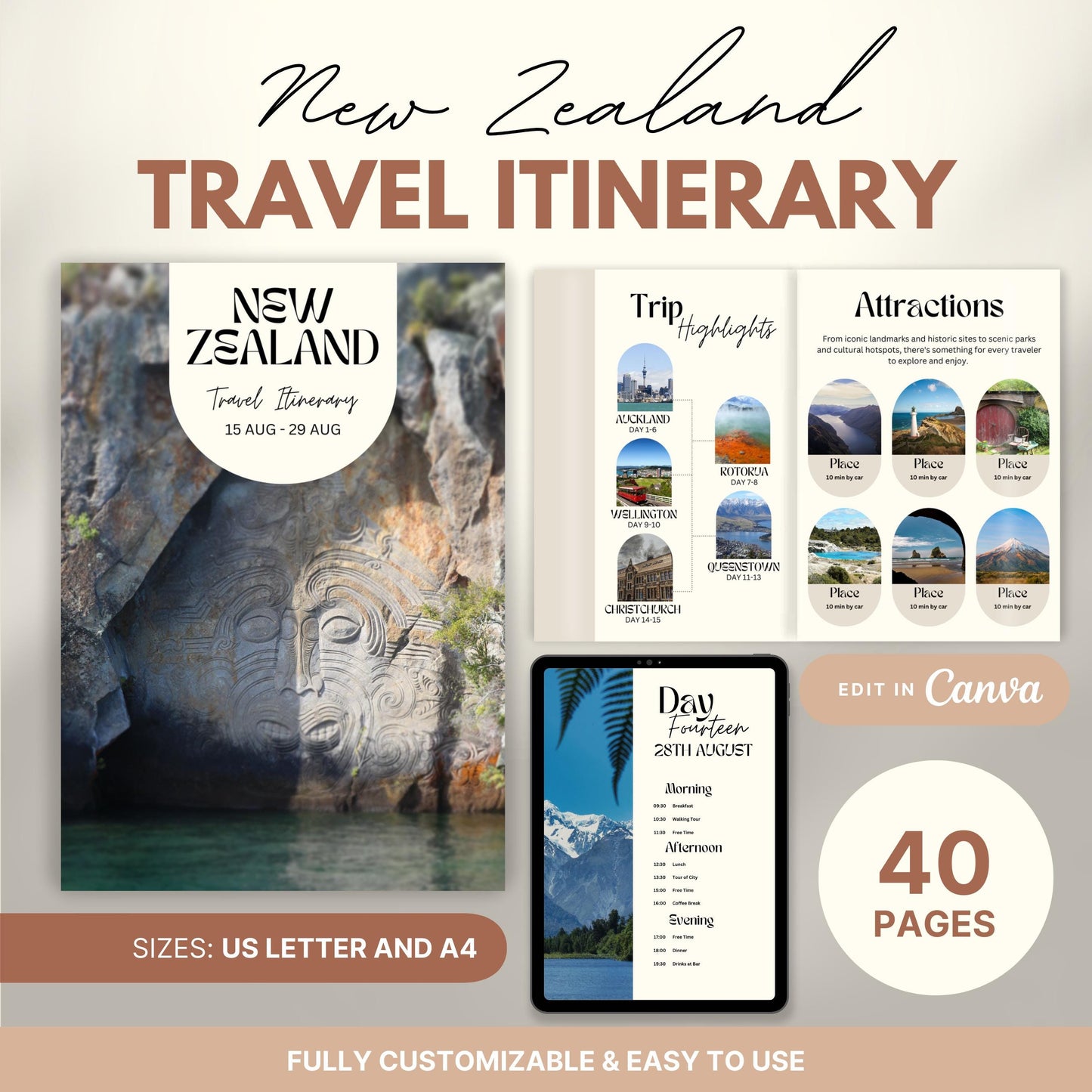 Promotional image for a customizable  Travel Itinerary template. Text highlights features such as US Letter and A4 sizes, full editability in Canva, and ease of use.