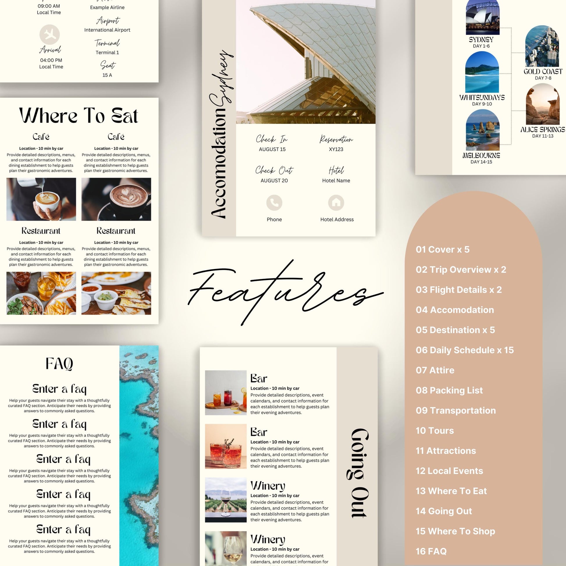 Travel itinerary template with features like daily schedule, accommodation and transportation details, packing checklist.