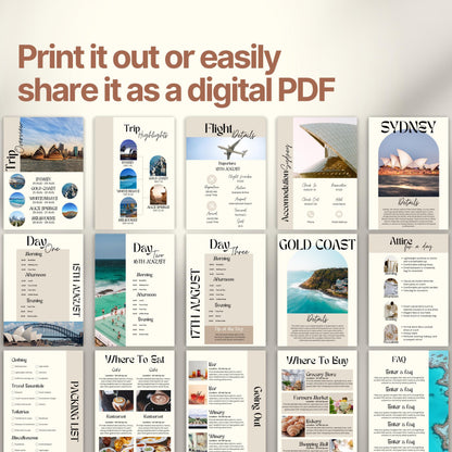 A preview layout showing multiple pages from a travel itinerary template. The design is modern, organized, and visually rich with photos of destinations, local cuisine, and cultural icons.