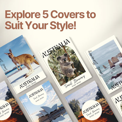 A promotional graphic titled “Explore 5 Covers to Suit Your Style!” showcasing five different travel itinerary cover designs.