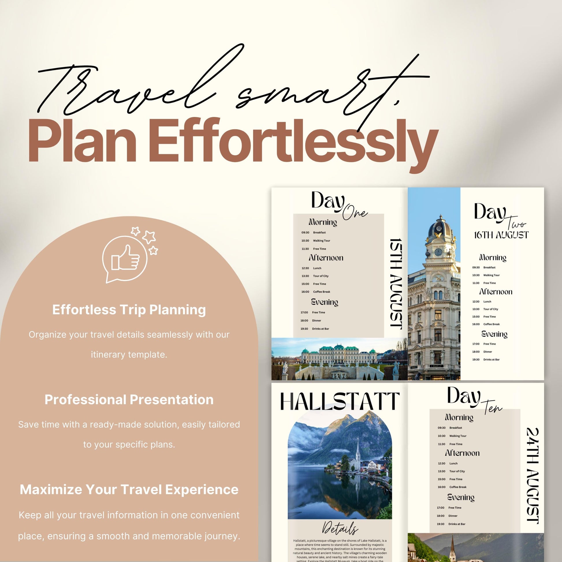 A promotional image for a travel itinerary template titled “Travel smart. Plan Effortlessly.” On the left, a rounded panel highlights benefits of the product including: "Effortless Trip Planning," "Professional Presentation," and "Maximize Your Travel Experience."