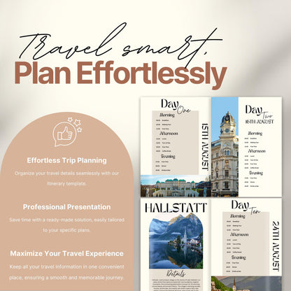 A promotional image for a travel itinerary template titled “Travel smart. Plan Effortlessly.” On the left, a rounded panel highlights benefits of the product including: "Effortless Trip Planning," "Professional Presentation," and "Maximize Your Travel Experience."