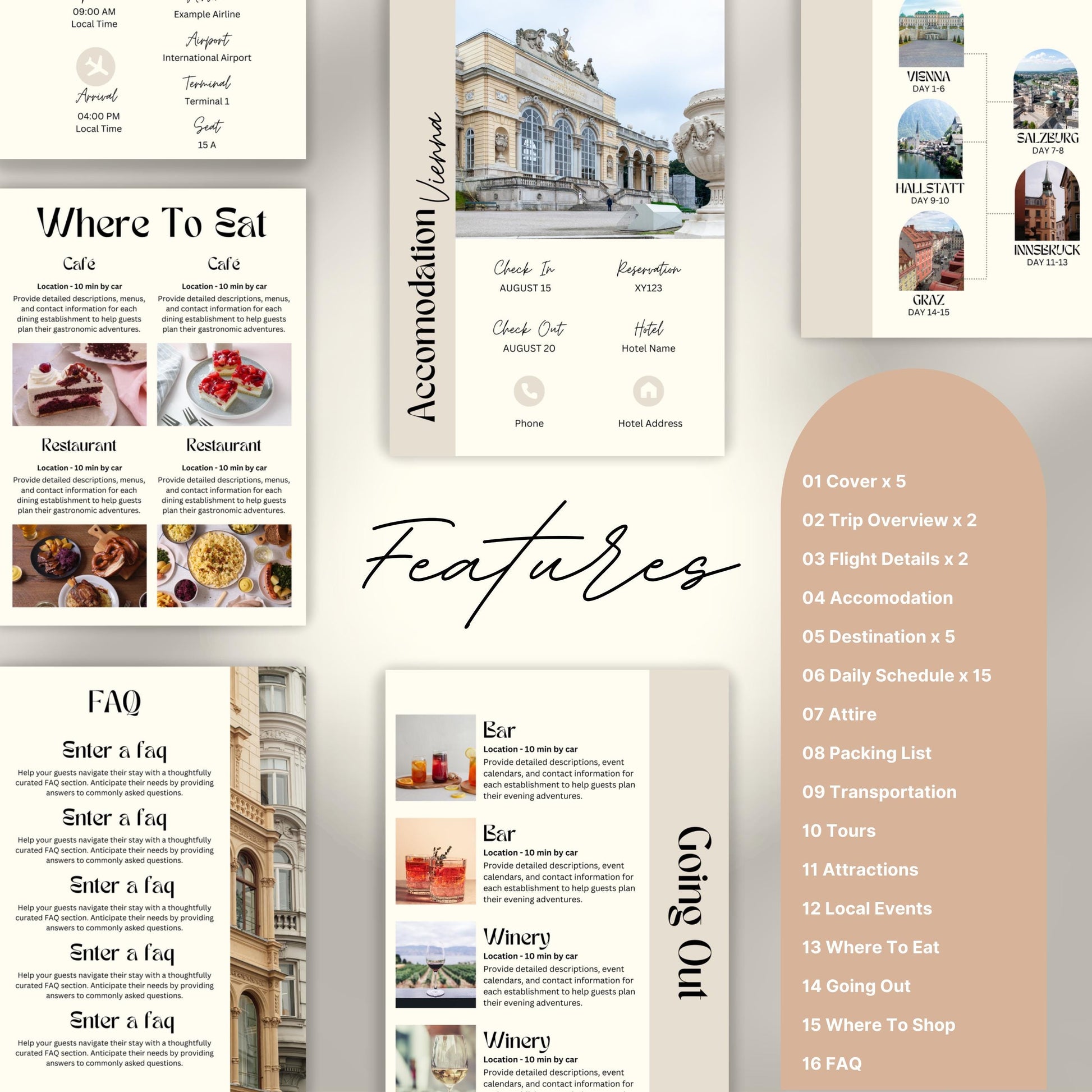 Travel itinerary template with features like daily schedule, accommodation and transportation details, packing checklist.