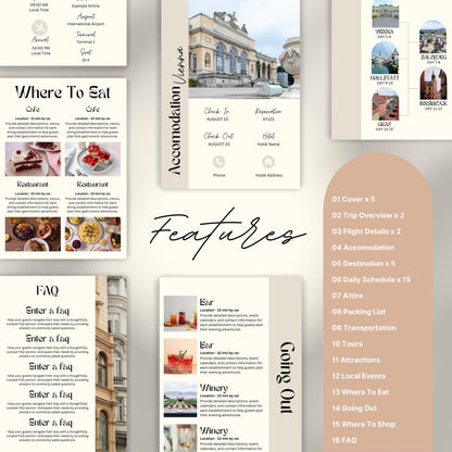 Travel itinerary template with features like daily schedule, accommodation and transportation details, packing checklist.