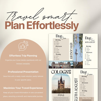 A promotional image for a travel itinerary template titled “Travel smart. Plan Effortlessly.” On the left, a rounded panel highlights benefits of the product including: "Effortless Trip Planning," "Professional Presentation," and "Maximize Your Travel Experience."