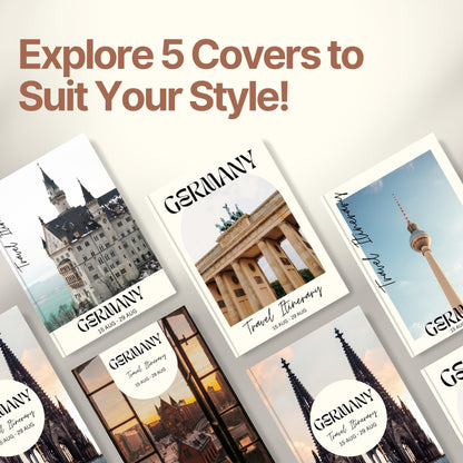 A promotional graphic titled “Explore 5 Covers to Suit Your Style!” showcasing five different travel itinerary cover designs.