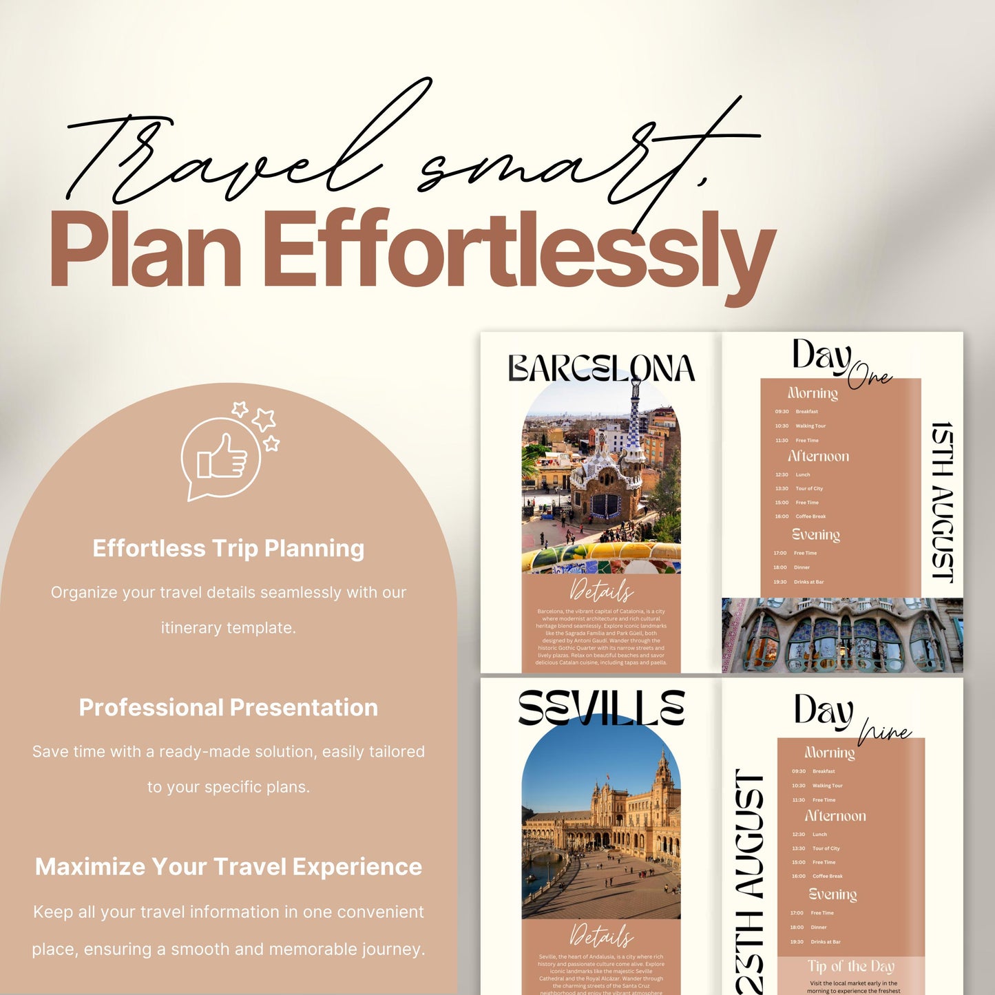 A promotional image for a travel itinerary template titled “Travel smart. Plan Effortlessly.” On the left, a rounded panel highlights benefits of the product including: "Effortless Trip Planning," "Professional Presentation," and "Maximize Your Travel Experience."