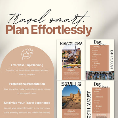 A promotional image for a travel itinerary template titled “Travel smart. Plan Effortlessly.” On the left, a rounded panel highlights benefits of the product including: "Effortless Trip Planning," "Professional Presentation," and "Maximize Your Travel Experience."