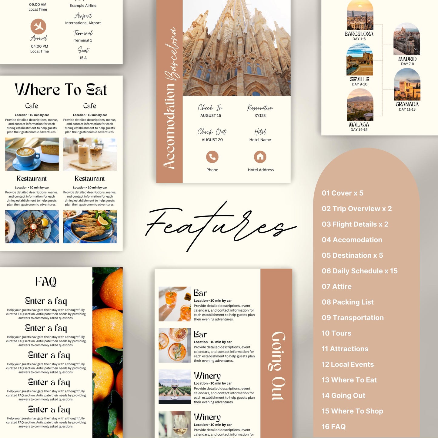 Travel itinerary template with features like daily schedule, accommodation and transportation details, packing checklist.