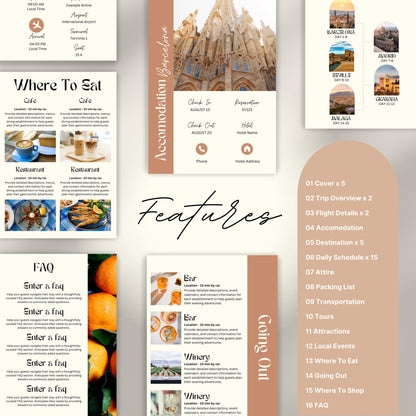 Travel itinerary template with features like daily schedule, accommodation and transportation details, packing checklist.