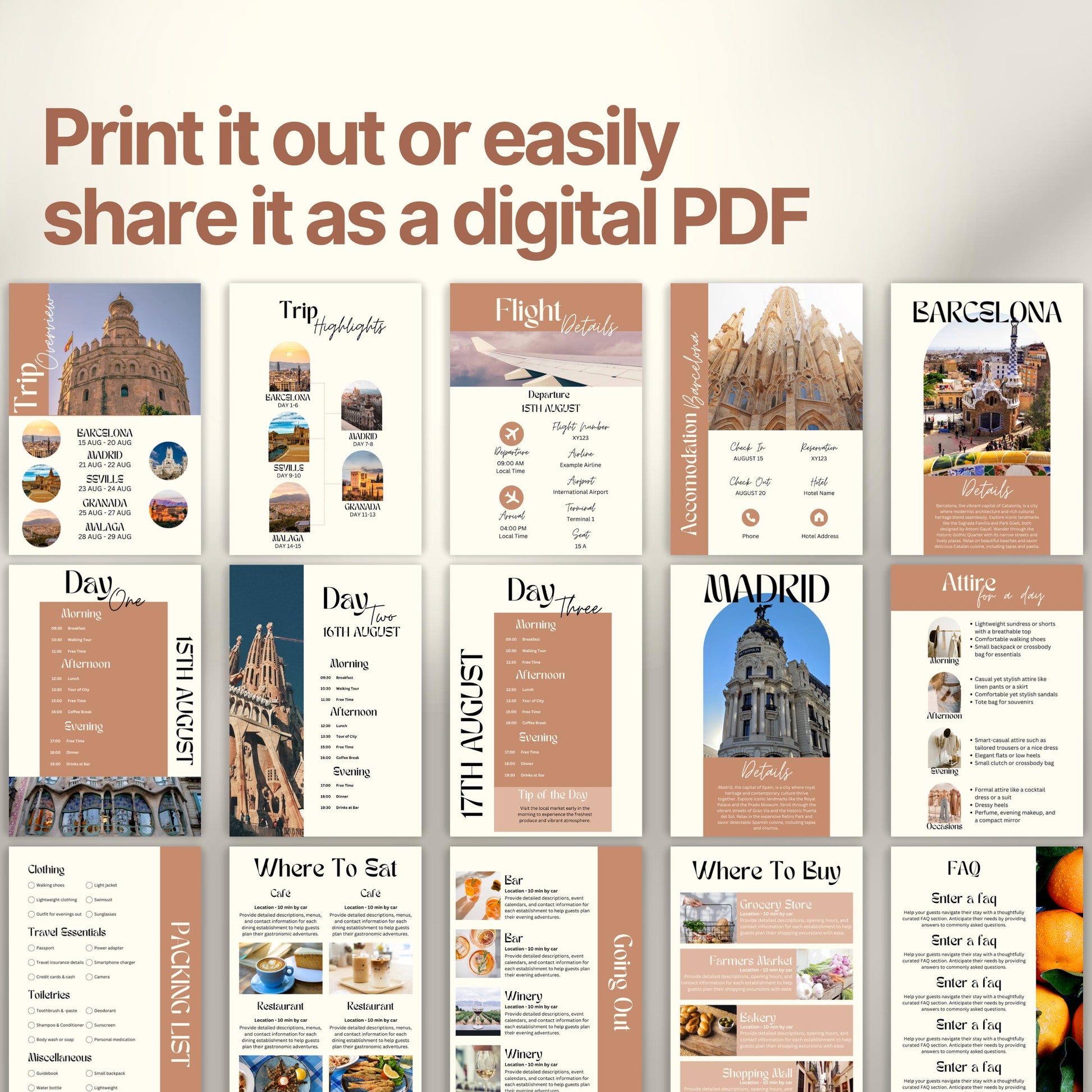 A preview layout showing multiple pages from a travel itinerary template. The design is modern, organized, and visually rich with photos of destinations, local cuisine, and cultural icons.