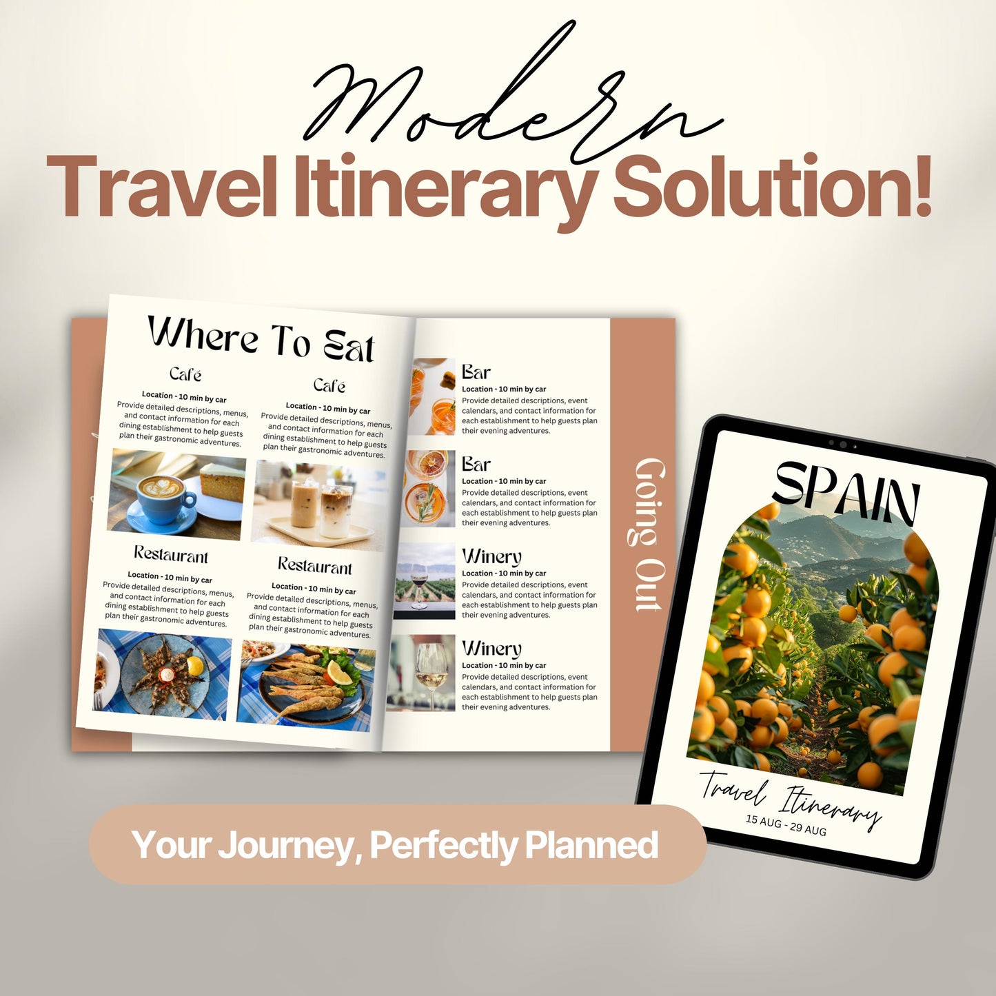A promotional image titled “Modern Travel Itinerary Solution!” featuring a travel itinerary. 