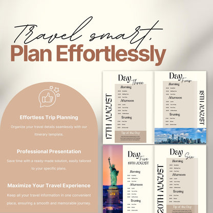 A promotional image for a travel itinerary template titled “Travel smart. Plan Effortlessly.” On the left, a rounded panel highlights benefits of the product including: "Effortless Trip Planning," "Professional Presentation," and "Maximize Your Travel Experience."