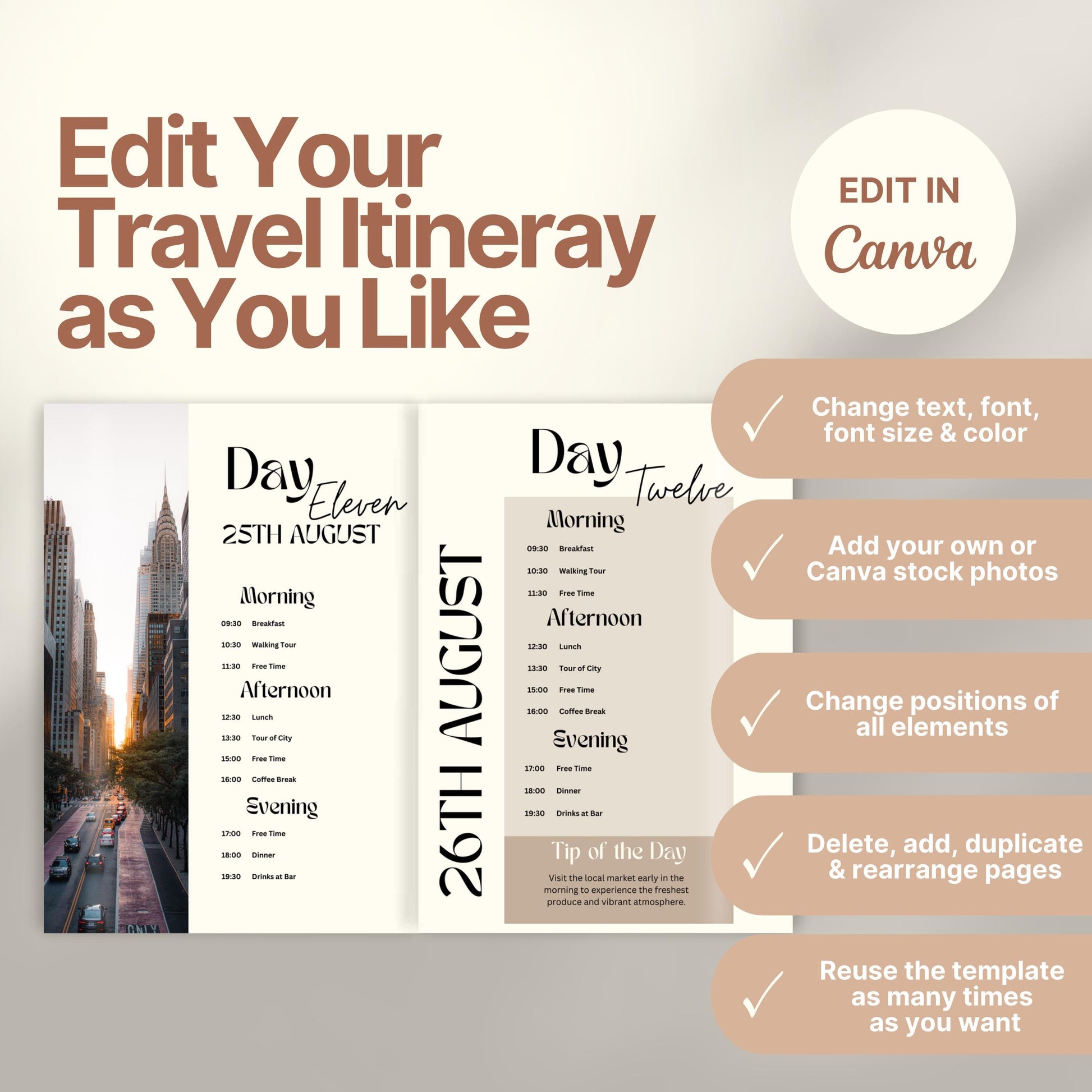 A promotional graphic for a customizable travel itinerary template. On the right, a checklist highlights editable features: change text, font, and colors; add personal or stock photos; rearrange elements; duplicate pages; and reuse the template multiple times. A Canva logo indicates editing is done in Canva.