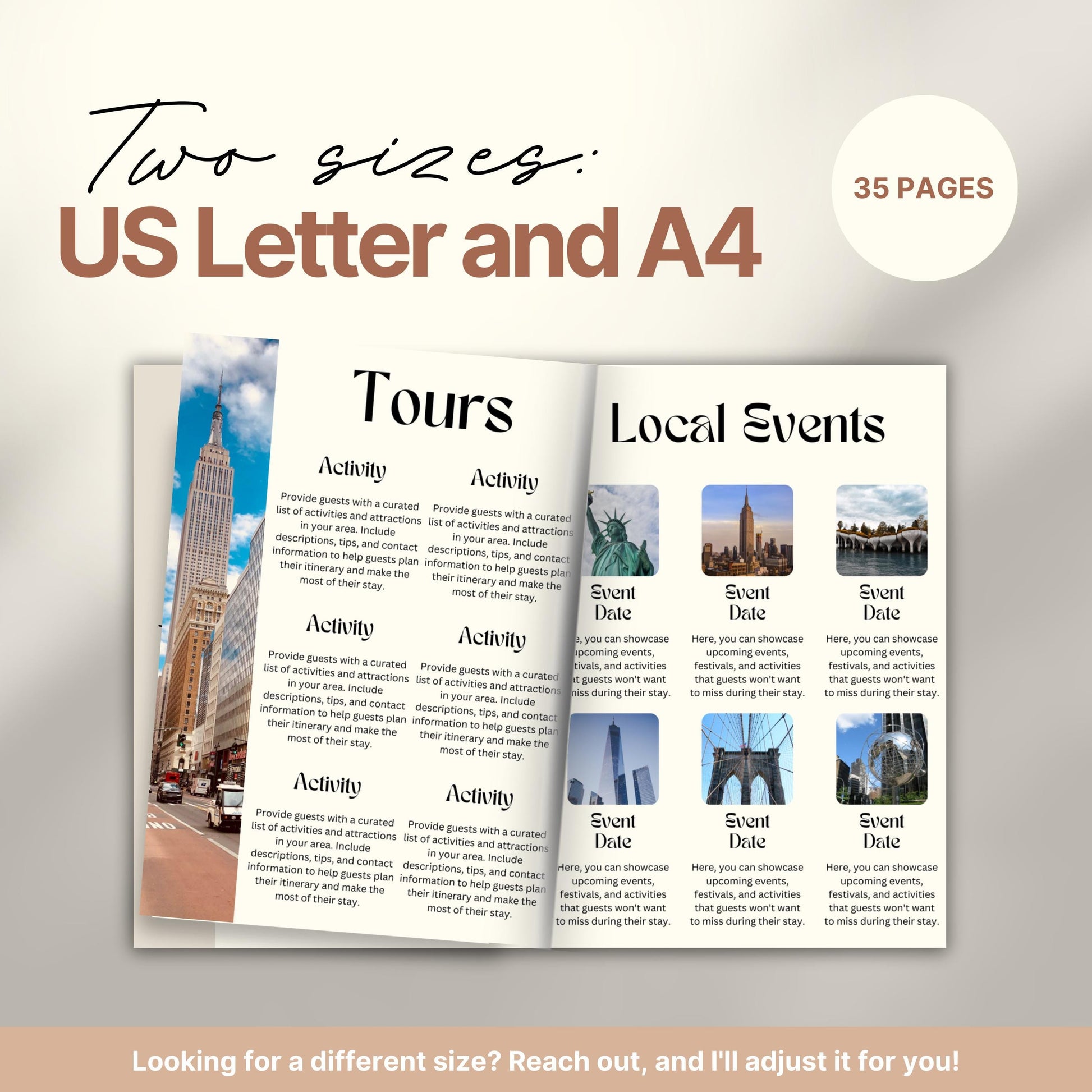 Travel itinerary template displayed in two formats: US Letter and A4 sizes, featuring organized trip details, minimalist design, and printable layout for easy planning.