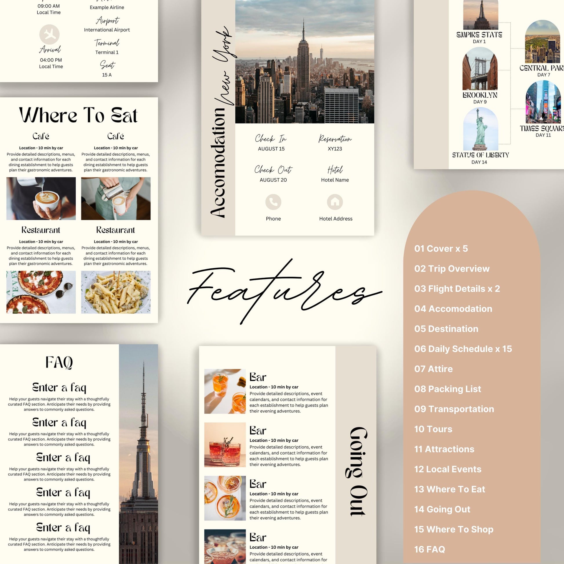 Travel itinerary template with features like daily schedule, accommodation and transportation details, packing checklist.