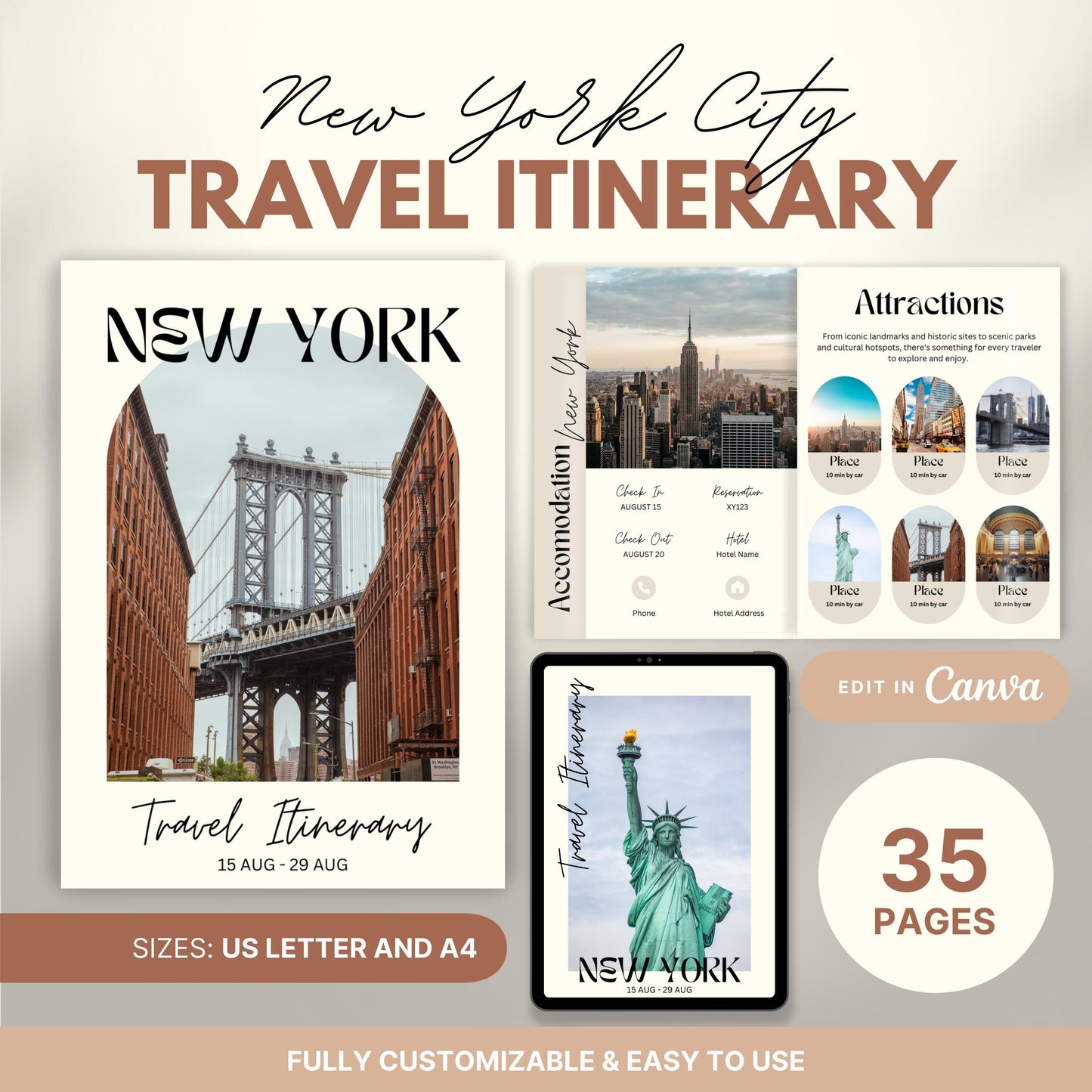 Promotional image for a customizable  Travel Itinerary template. Text highlights features such as US Letter and A4 sizes, full editability in Canva, and ease of use.
