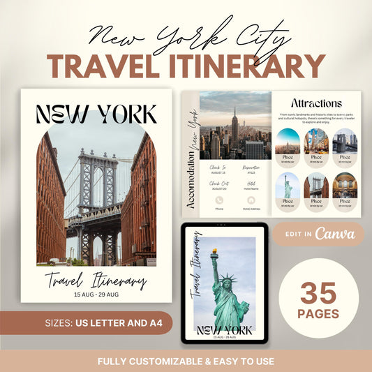 Promotional image for a customizable  Travel Itinerary template. Text highlights features such as US Letter and A4 sizes, full editability in Canva, and ease of use.