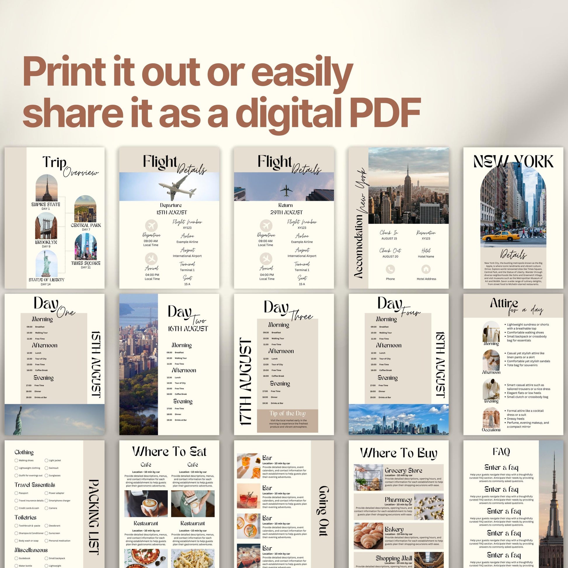 A preview layout showing multiple pages from a travel itinerary template. The design is modern, organized, and visually rich with photos of destinations, local cuisine, and cultural icons.