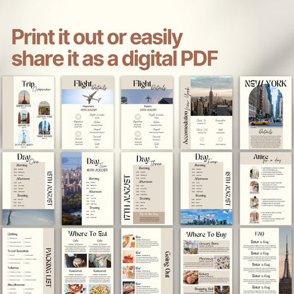 A preview layout showing multiple pages from a travel itinerary template. The design is modern, organized, and visually rich with photos of destinations, local cuisine, and cultural icons.